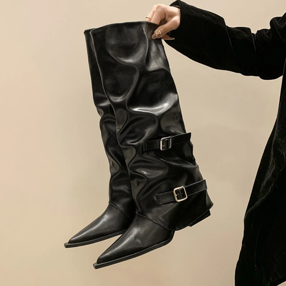 New Low-heeled Women Boots Pointed Toe Solid Color Square Buckle Design 2024 Winter Fashion Women Sexy Long Boots Size 35-42