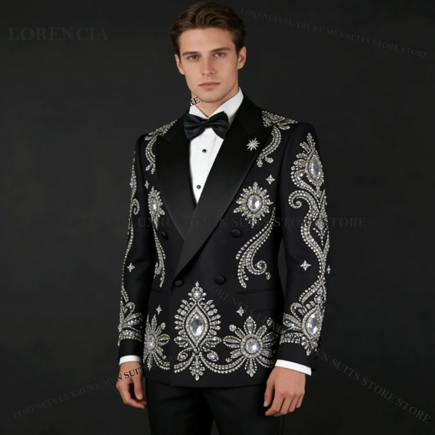 

Customized Luxury Sequins Men Suits 2 Pieces Sets Male Party Blazer Sparkly Groom Wedding Tuxedos Slim Rhinestone Costume Homme
