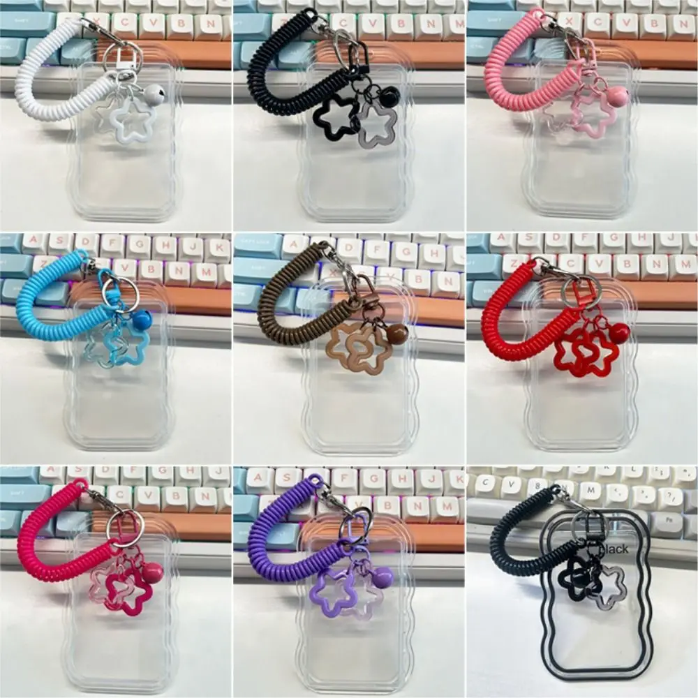 Soft Silicone Kpop Photocard Holder Spring Rope Sliding Cover ID Cards Protective Case With Star Keychain
