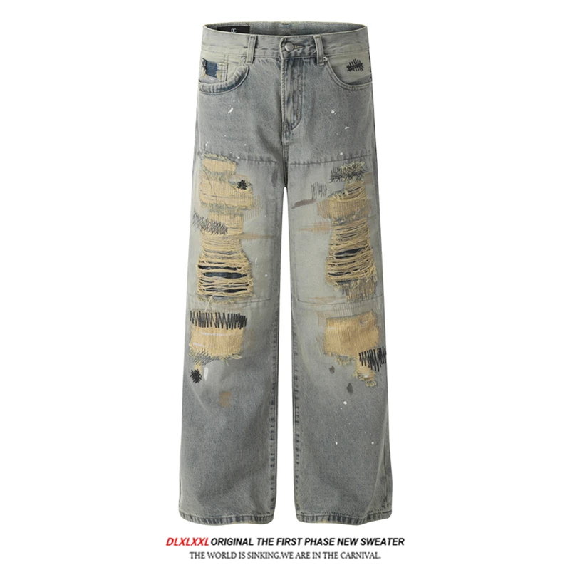 

Мужские джинсы GXFortune American Sle, с эффектом выцветания, рваные, с вышивкой, аппликацией, микроклеш, винтажные, в стиле High Street