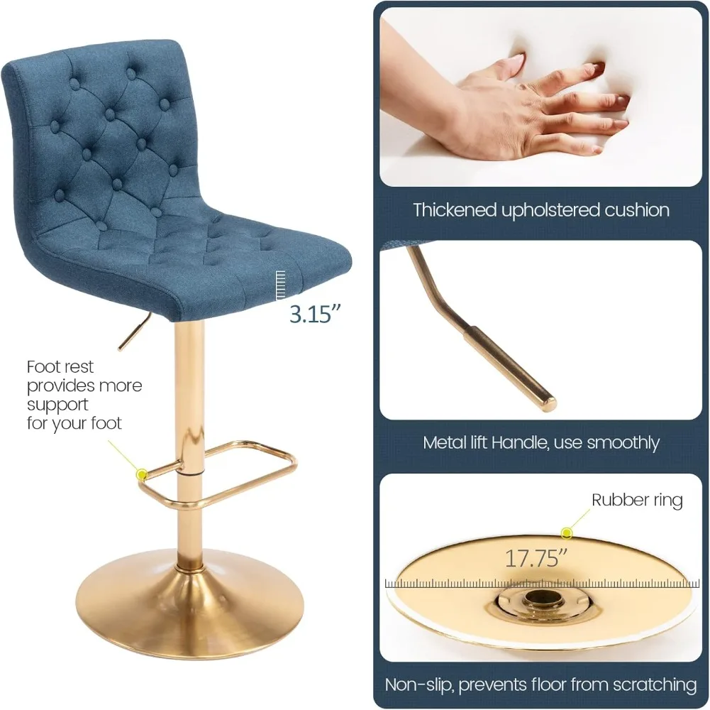 Bar Stools Set of 2, Adjustable Swivel Counter Height Barstools with Back,  Kitchen Dining Cafe (Blue, Gold Base)