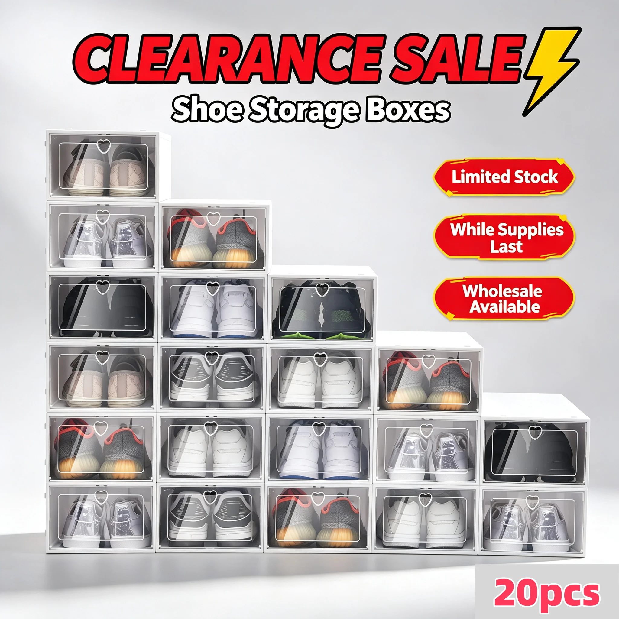 20PCS Stackable Shoe Storage Box Transparent Shoe Organizer Side Flap Design Dust‑proof PP Shoe Case with Heart‑shaped Vent Holes Shoe Organizer for Home Closet