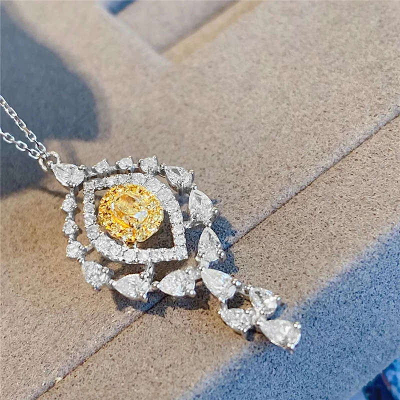 Minority Simple Geometric Oval Drop Shaped Yellow Diamond Necklace Light Luxury Full Diamond Sterling Silver S925 Clavicle Chain