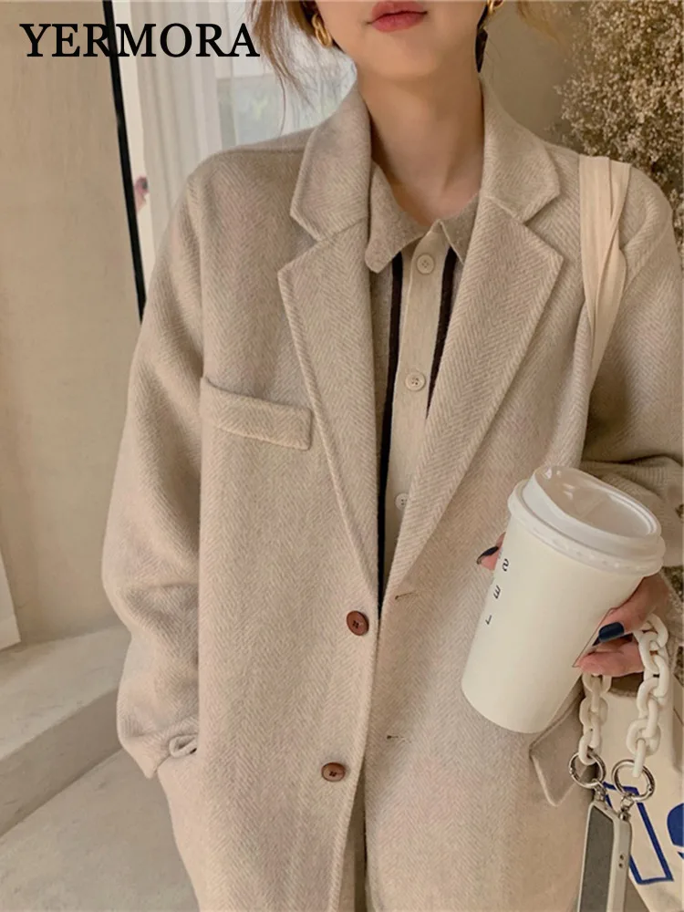 

YERMORA Beige Tweed Button Casual Wool Blazer For Women Lapel Long Sleeve Loose New Coat Fashion Tide Autumn Winter 2025