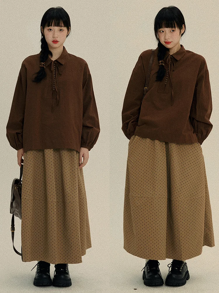 

Женское винтажное длинное платье VOUSALME24AW свободного кроя, однотонное, с поясом, универсальное, удобное, из смесового хлопка