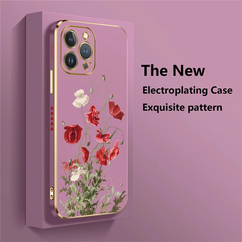 Plating Phone Case For iPhone 15 13 14 Pro Max 12 11 Pro XS Max XR X 8 7 14 Plus SE 2022 2020 Silicone Pattern Flower Cover