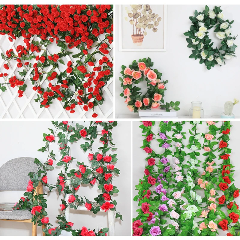 1 قطعة الحرير الاصطناعي روز الكرمة معلقة الزهور الروطان ل جدار ديكور الروطان النباتات وهمية يترك جارلاند ديكورات منزلية للزفاف #5