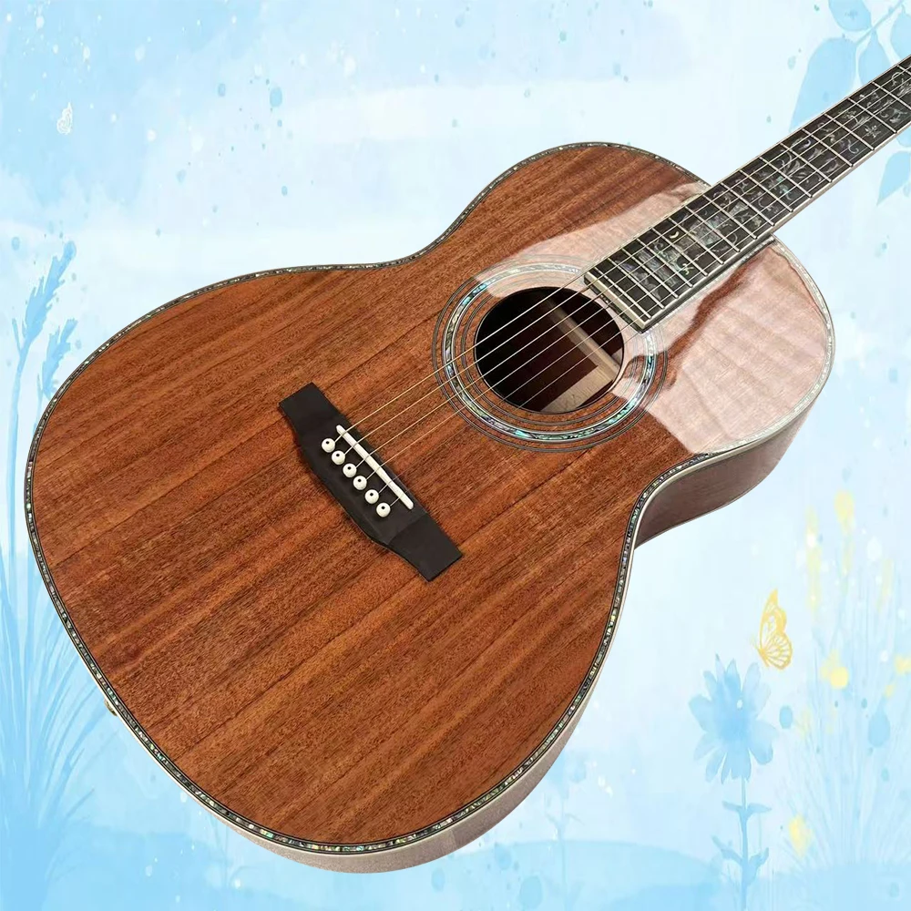 Professional Performance, 000 style 45 version Acoustic Guitar, Brown Natural KOA Wood Color, High-end Version, Vase Inlaid Finger Board Ebony Fretboard Solid Top, Back And Side Are Laminate KOA Wood ,Bone Nut And Saddle Smooth Hand Feel Strong Infectivit