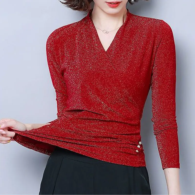 Women\'s Clothing Stylish Bright Silk Pullovers Casual Solid Color Spring Autumn Long Sleeve All-match Slim Spliced Folds T-shirt