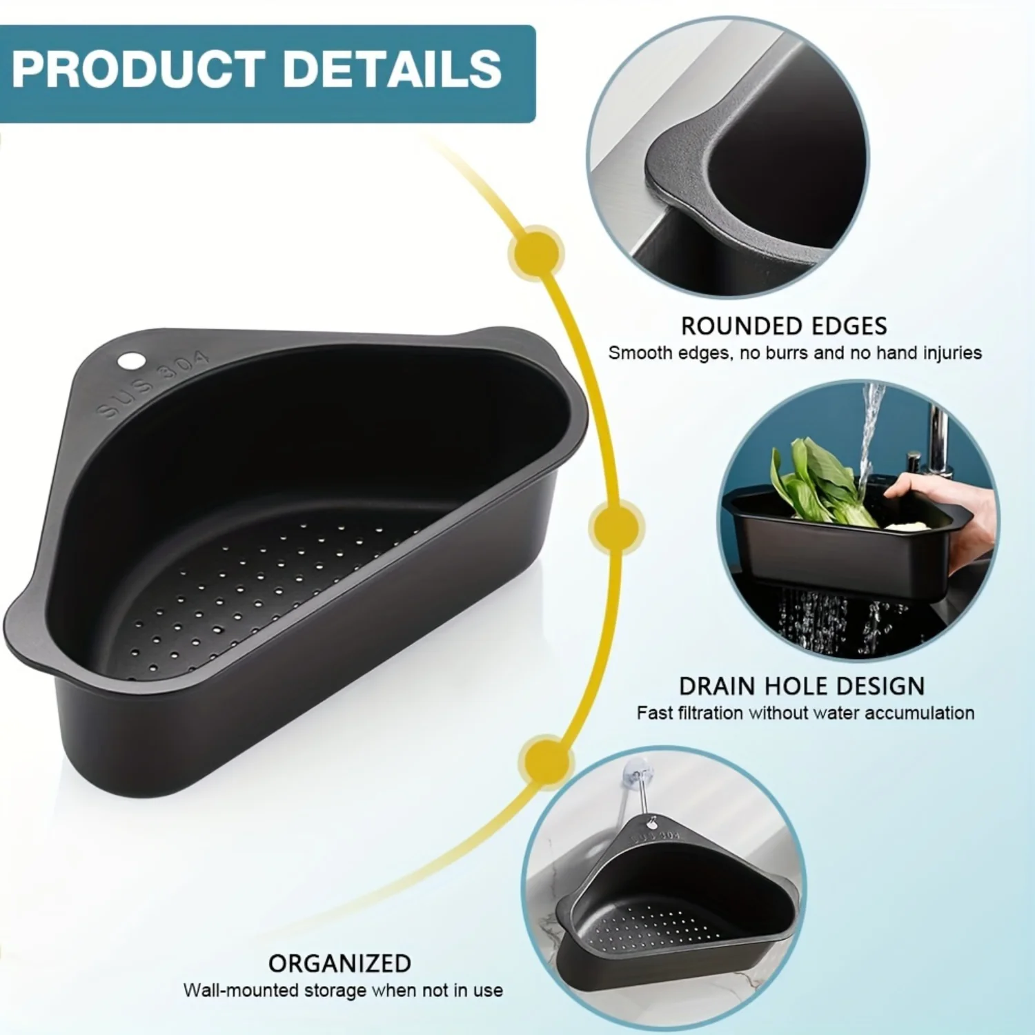 Triangle Sink Strainer Basket, 304 Stainless Steel Drain Basket with Suction Cup Support, Multifunctional Kitchen and Bathroom C