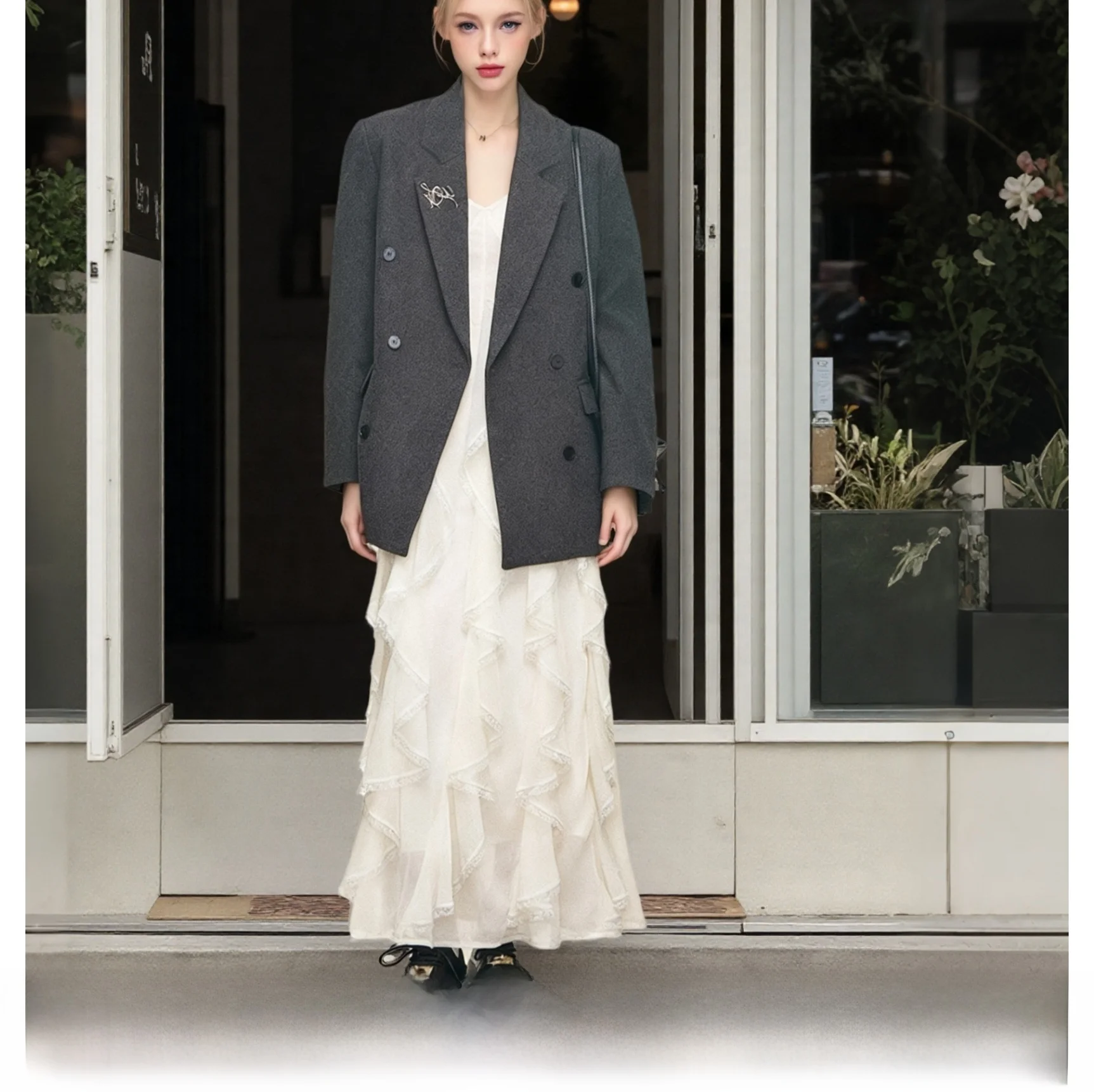 

Casual Woolen Suit Jacket Women's Loose Lazy Style Dress Long Sleeve Polyester Fabric Autumn Season Fashion Ladies' Coat