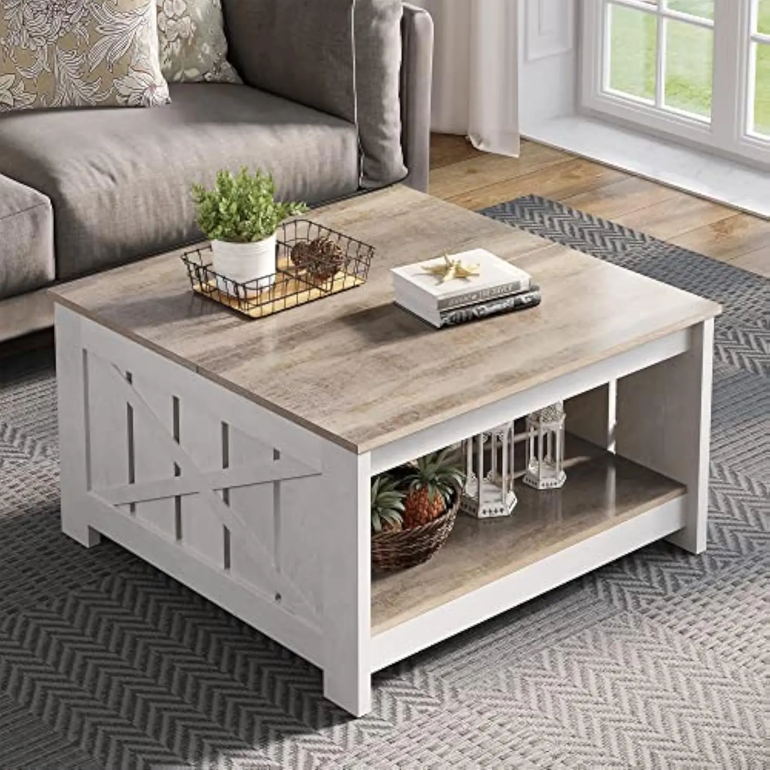 

Coffee Table with Storage Rustic Wood Cocktail TableSquare for Living Meeting Room with Half Open Storage Compartment Grey Wash