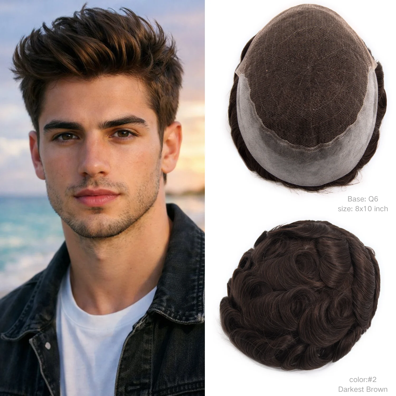 

Мужской парик Q6 из натуральных индийских волос, с кружевной и полиуретановой основой, волнистый, 8x10 дюймов, система замещения волос для мужчин