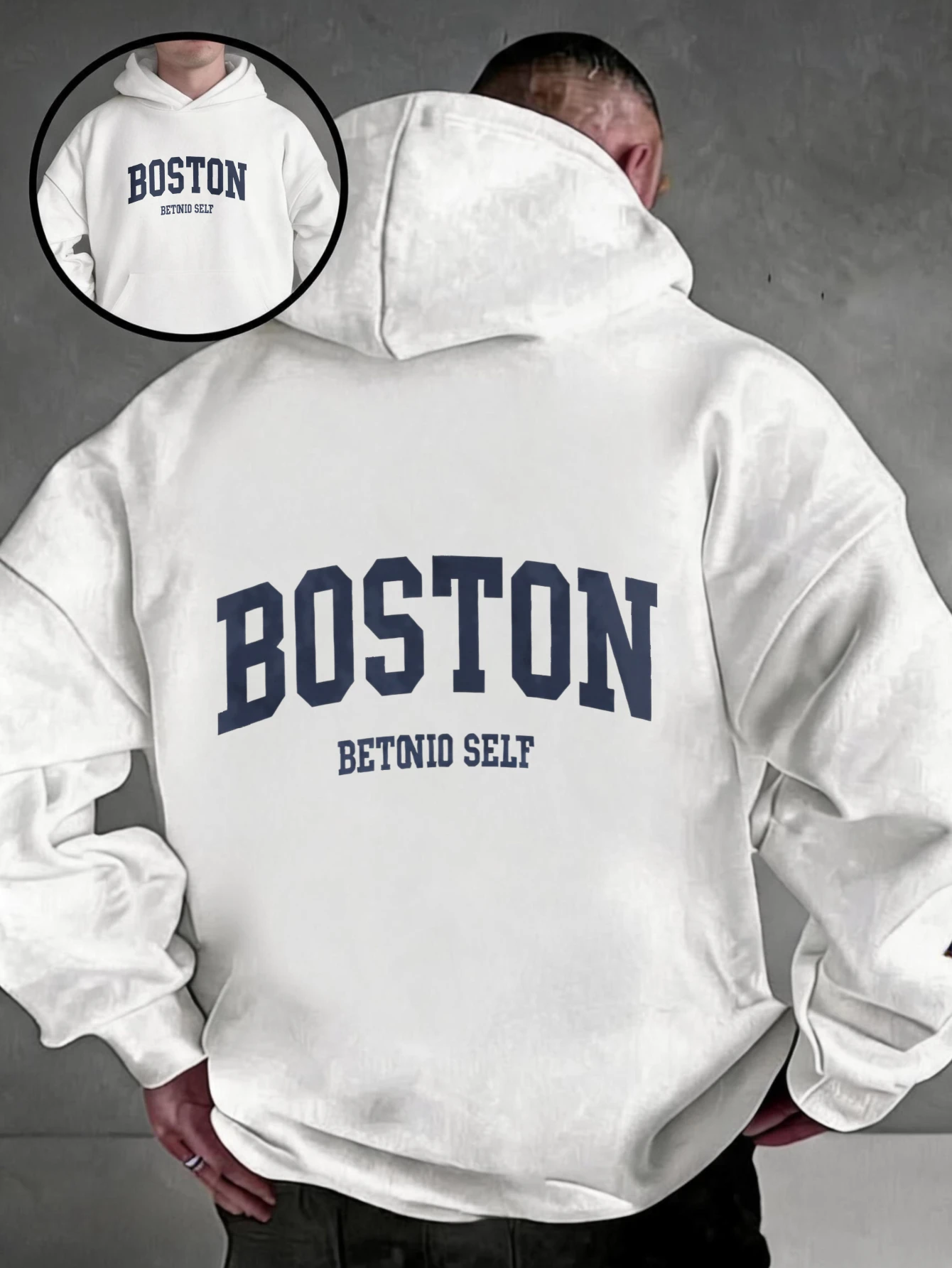 Oversized colorful hoodie, streetwear-style pullover, Boston Betonio back-print design, unisex casual wear, plus size.
