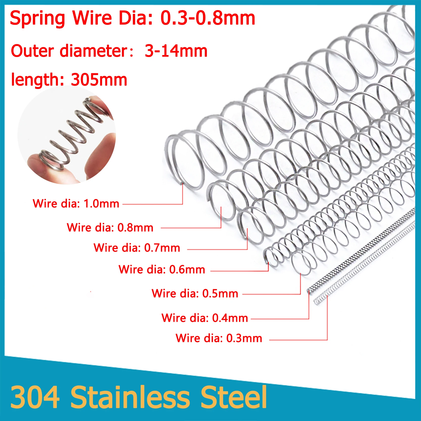 Length 305mm 304 Stainless Steel Compression Spring Wire Diameter 0.3-0.8mm Outer Diameter 3-14mm