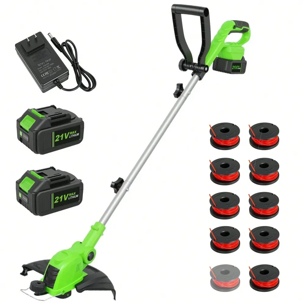 

Cordless String Trimmer With 90 Rotatable Head Auto Line Feed, 21V 9650 RPM Motor, 24.0Ah Batteries 10 Spools Included, Lightwe