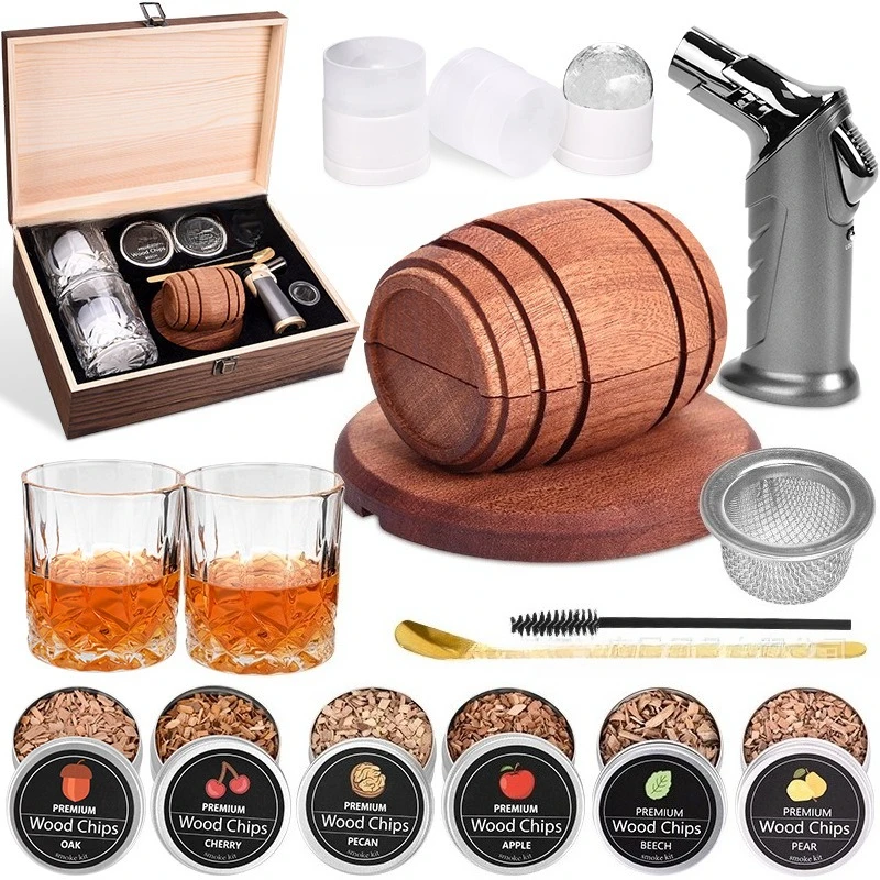 Whiskey Cocktail Smoke Set 6-Flavor Wood Chips 2 Wine Glasses 2 Ice Ball Molds Bar Accessories