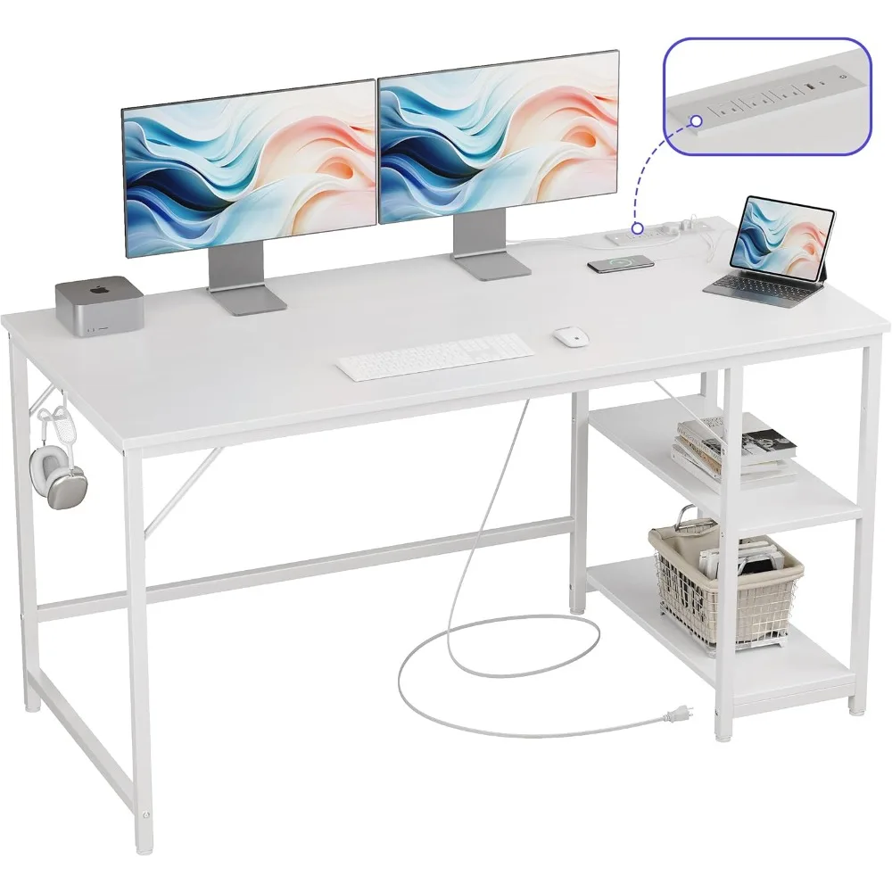 JOISCOPE 55 Inches Computer Office Desk with Table Power Outlets, Home Office White Desk with Storage Shelves and USB & Type-C