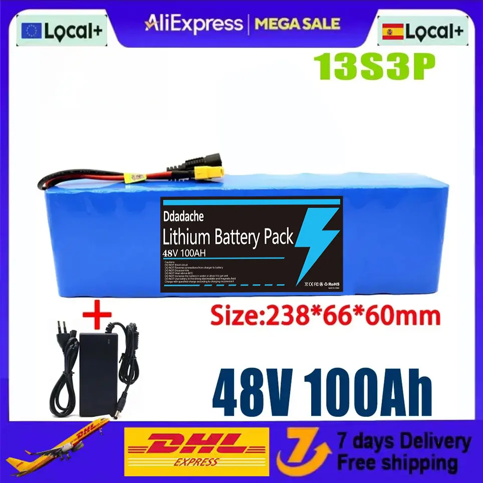 Batterie Li-Ion 48V 100Ah 2000W 13s3p 48V 18650 pour Scooter électrique 54.6V avec chargeur BMS 54.6V et batterie de secours
