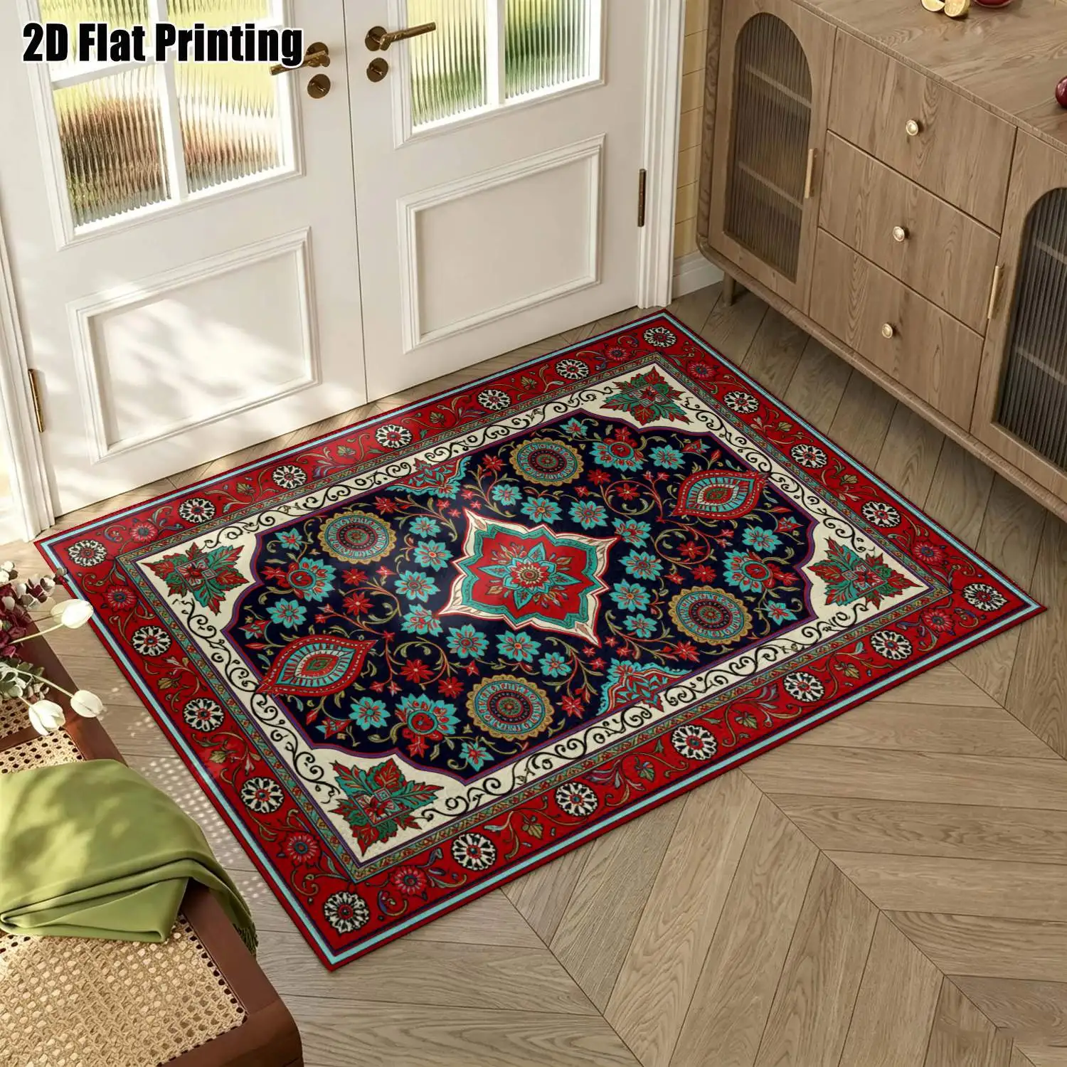 1Pc 2D Printed Retro Ethnic Pattern Carpet, Red&Blue, Bohemian/European Style, Home Decor, Multi-Size, Machine Washable, Multi-Scene Use