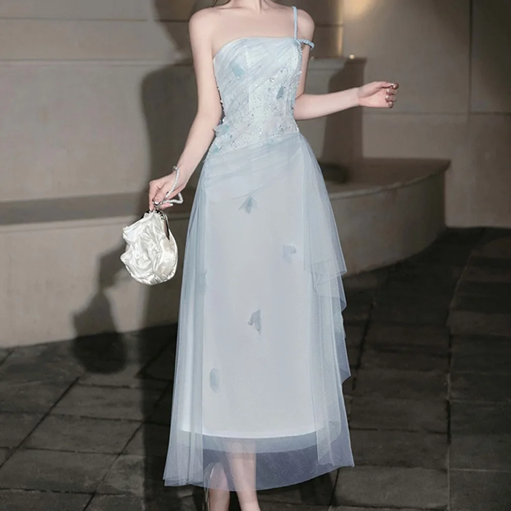 

Customized Graceful Organza A-Line Crystal Evening Dress High Quality Tea Length Strapless vestidos para mujer