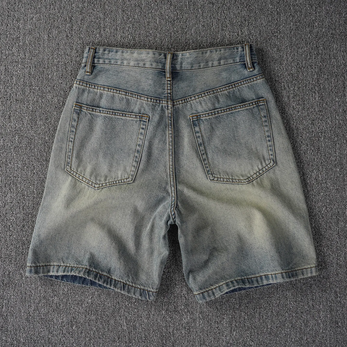 Retro blue heavy industry washed distressed denim shorts men's summer trendy loose straight-leg five-point pants