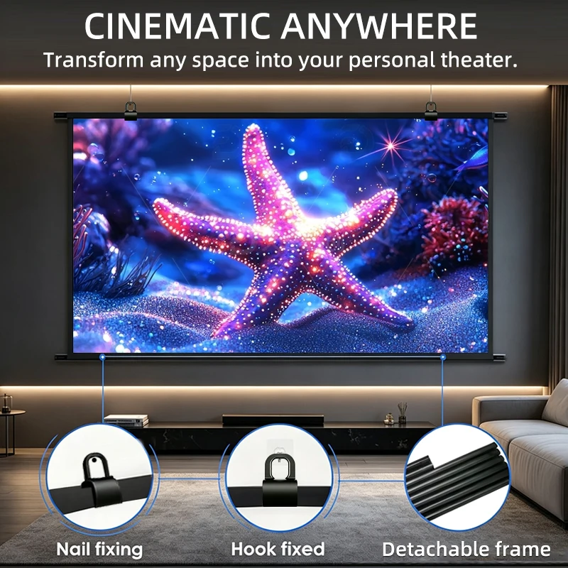 120 inch Detachable Frame Projector Screen Wall Hanging 2 Installation Methods Hook & Nail Fixed 4K HD 16:9 For Home