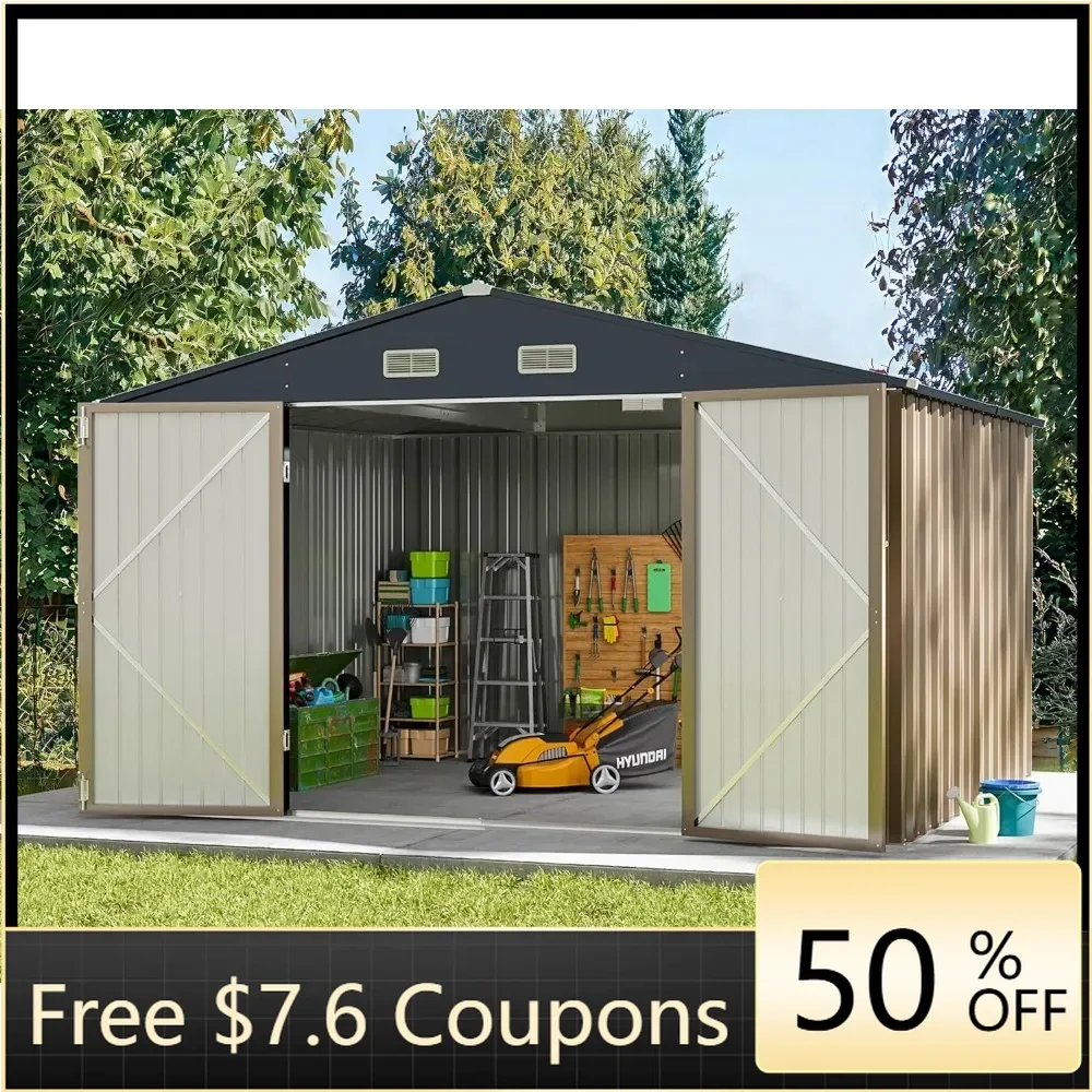 

Metal Outdoor Storage Shed 10FT x 8FT, Steel Utility Tool Shed Storage House with Door & Lock, Metal Sheds Outdoor StorageBrown