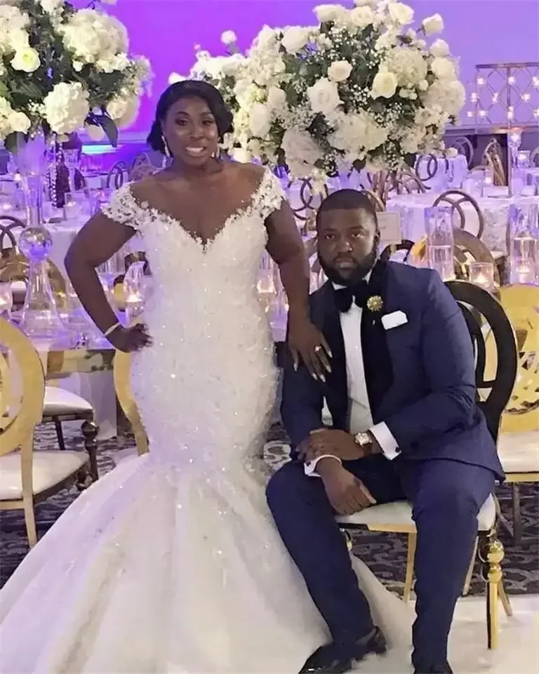 

Customized African Bride Mermaid Wedding Dresses 2022 Off Shoulder Lace V-Neck Long Train Bridal Gowns Vestidos de novia