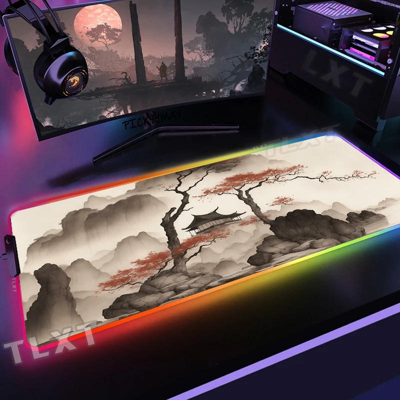 Ink Landscape RGB Gaming Mousepads Desk Pad Keyboard Mat LED Gamer Mousepad XXL Mouse Pads Luminous Mouse Mats Design