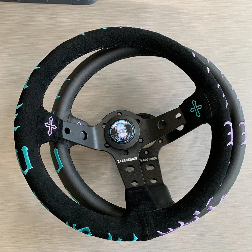 JDM 320mm Racing Steering Wheels Microfiber/Suede Special Embroidery Sports Steering Wheel with Colorful 6-Bolt Horn Button