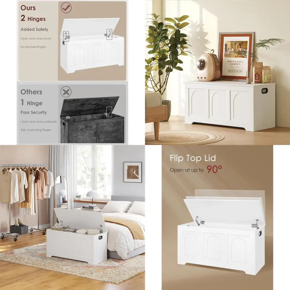 

Large Wooden Storage Chest with Safety Hinges and Flip-Top Entryway Shoe Bench for Living Room, Bedroom, Playroom, Easy Assembly