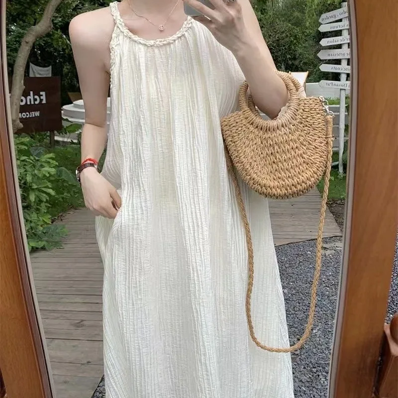 Summer Halter Sleeveless Women's Solid Bright Silk Distressed Pullover Casual Elegant Loose Office Lady Vintage Knee Dress