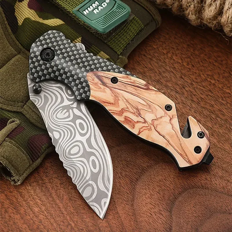 

Stainless Steel Folding Outdoor Knife Camping Survival High Hardness Folding Knife Portable Multi-Purpose Damascus Grain