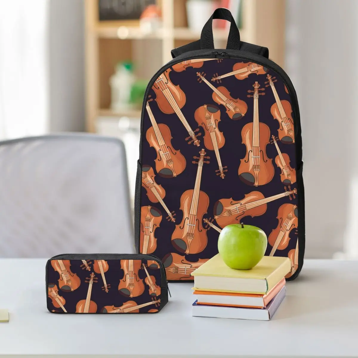 Violin Musical Instrument Pattern Purple Backpack BookBag School Bag Laptop Shoulder Bags 3ps Insulated Lunch Bag Pencil Case