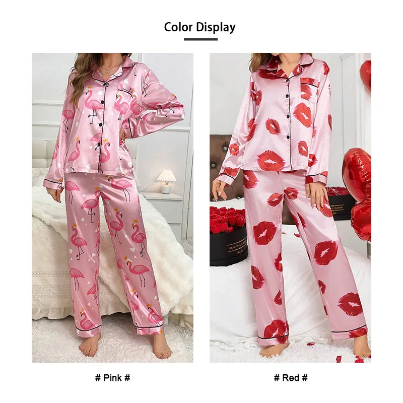 Women\'s Red Lip Print Satin Sleepwear Lounge Set Autumn Long Sleeve Button Up Lapel Collar Top & Pants Pyjama Femme Loungewear