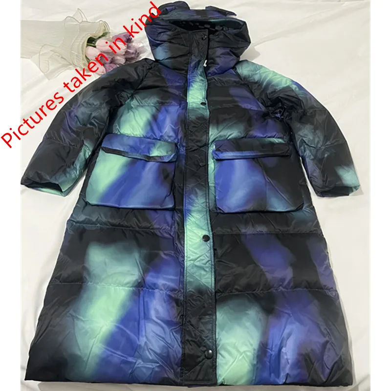 Gradient Color Women Hooded Long Down Coat 2024 Winter New Korea Loose White duck down Thick Snow Jacket Warm Outerwear Parkas