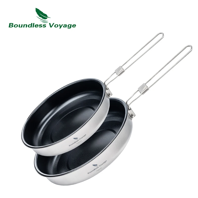 Boundless Voyage 18.8/22CM Titanium Non-stick Camping Frying Pan with Folding Handle Outdoor Plate Dish Bowl Skillet Tableware