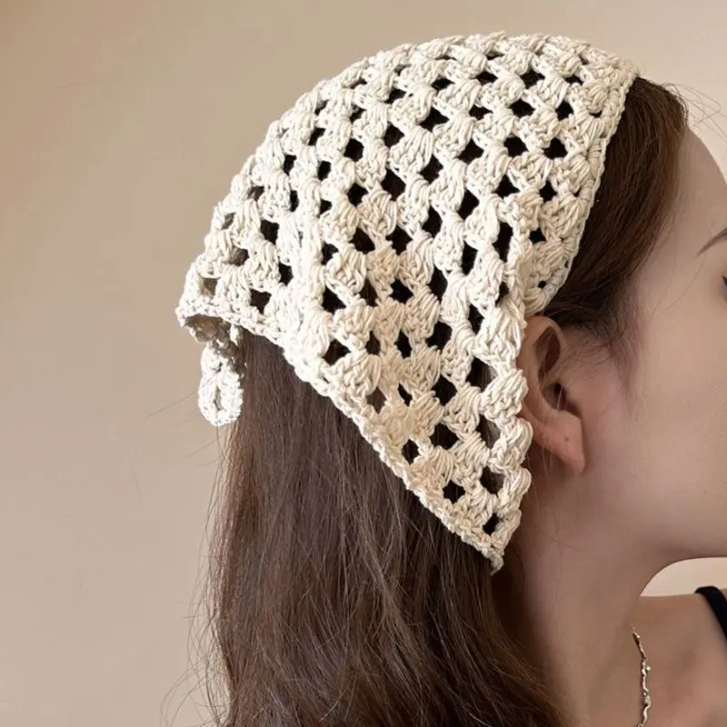 Crochet Triangle Hair Scarf Hollow Knitted Polka Dot Headscarf Handwoven Girls Headband Bandana Crochet Women Headwarp
