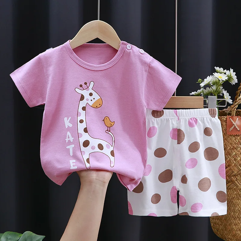 Summer Children\'s Short-sleeved Shorts Suit Cotton T-shirt Baby Girls Pink Unicorn Cartoon Set Cheap Stuff  Dropshipping