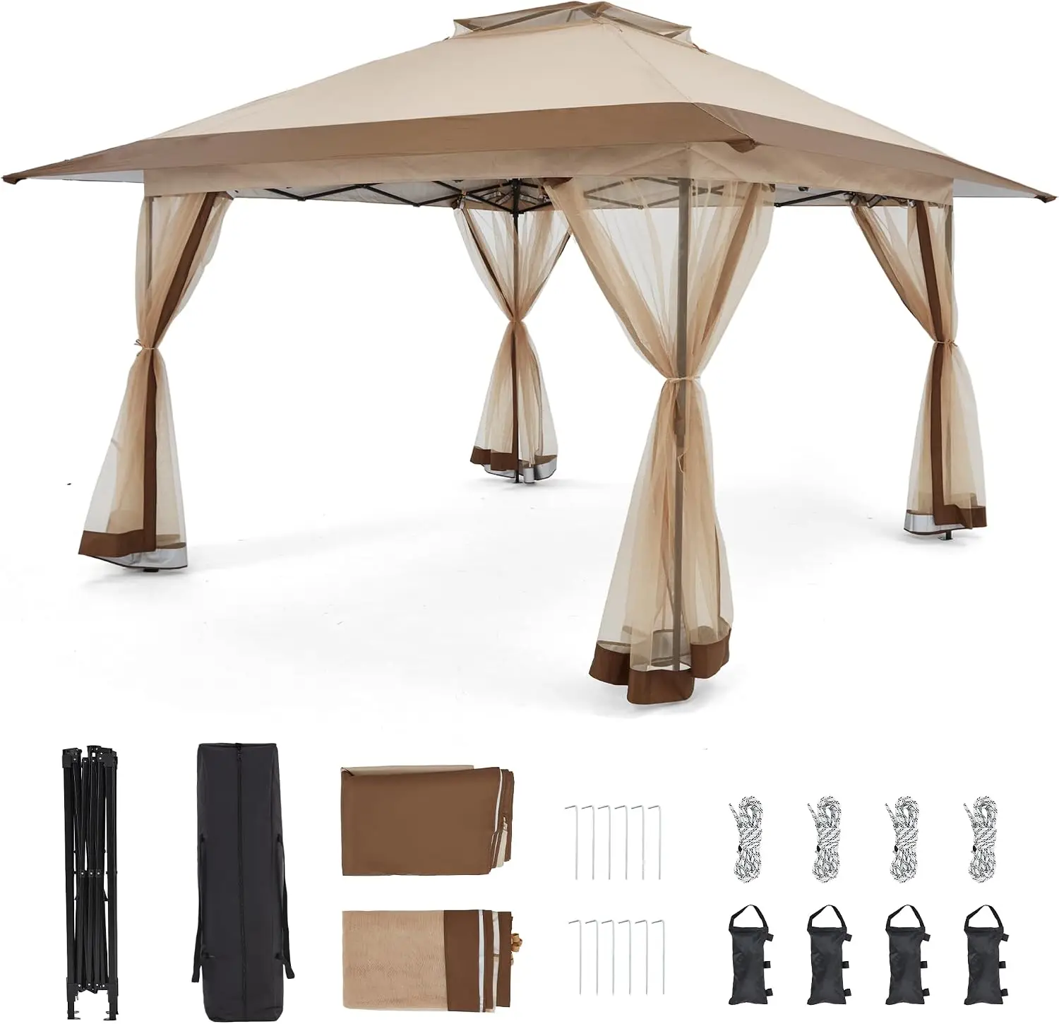 13x13 Ft Khaki 1-Push Pop Up Gazebo Canopy 300D Waterproof UV Protection Double Vented Roof 4 Sided Mesh Netting Weight Sandbags Wheeled Roller Bag