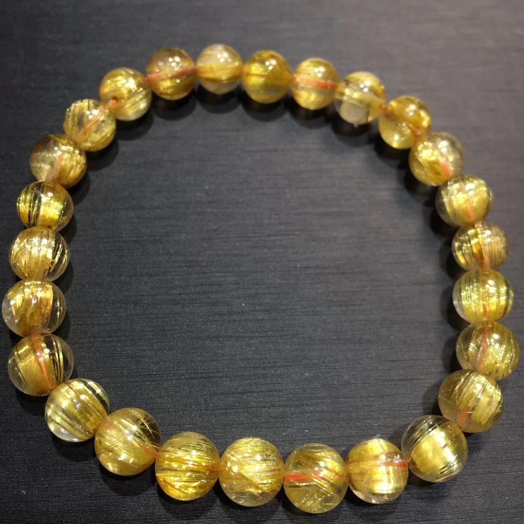 Genuine Natural Gold Rutilated Quartz Titanium Bracelet Cat Eye 7mm Clear Round Wealthy Woman Men Beads Jewelry Brazil AAAAAAA