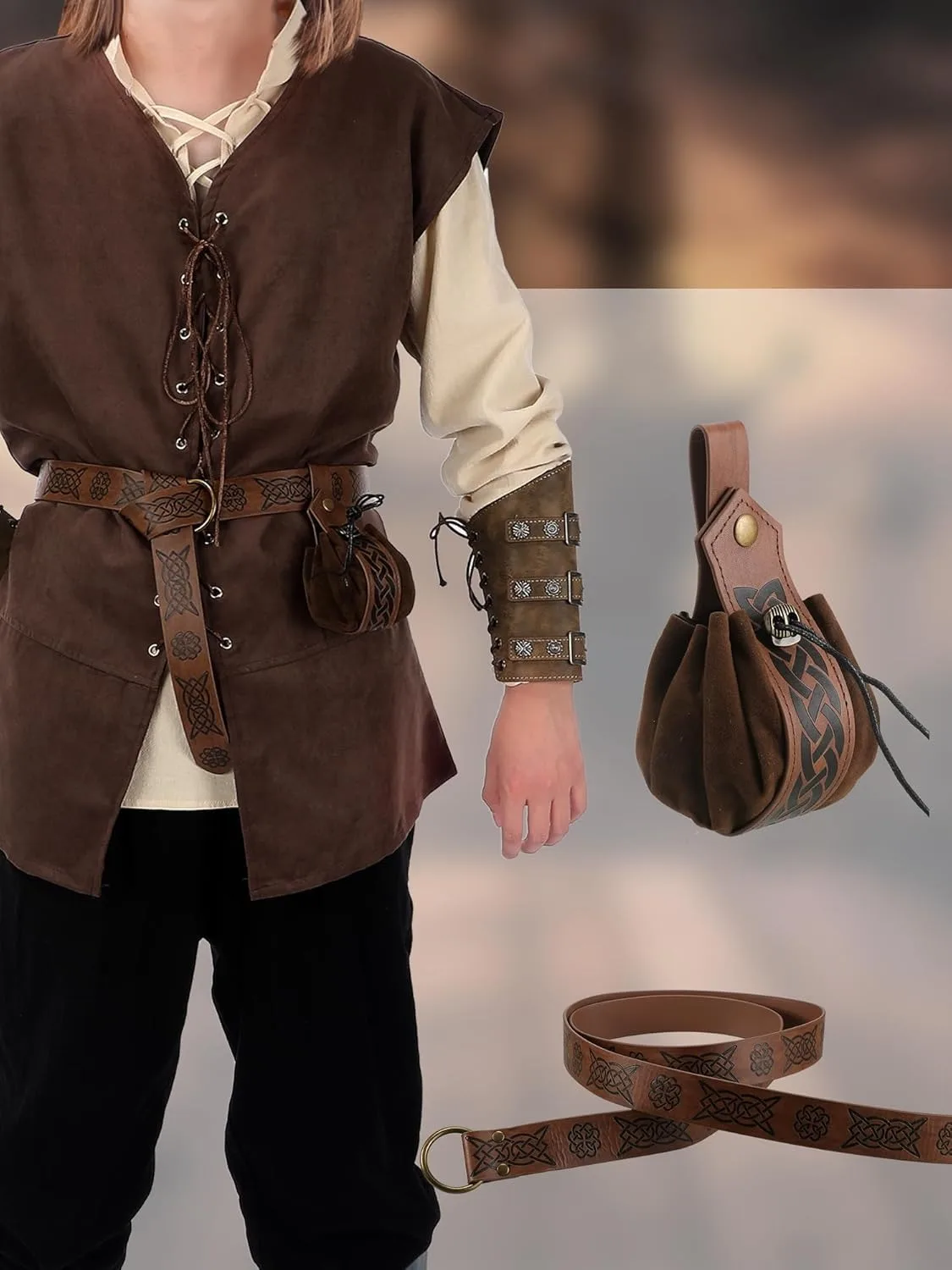 Disfraz Medieval Vikingo Para Hombre – Conjunto De 7 Piezas: Camisa De Algodón, Pantalones, Capa, Cinturón Y Brazaletes, Ideal Para Cosplay Y Halloween