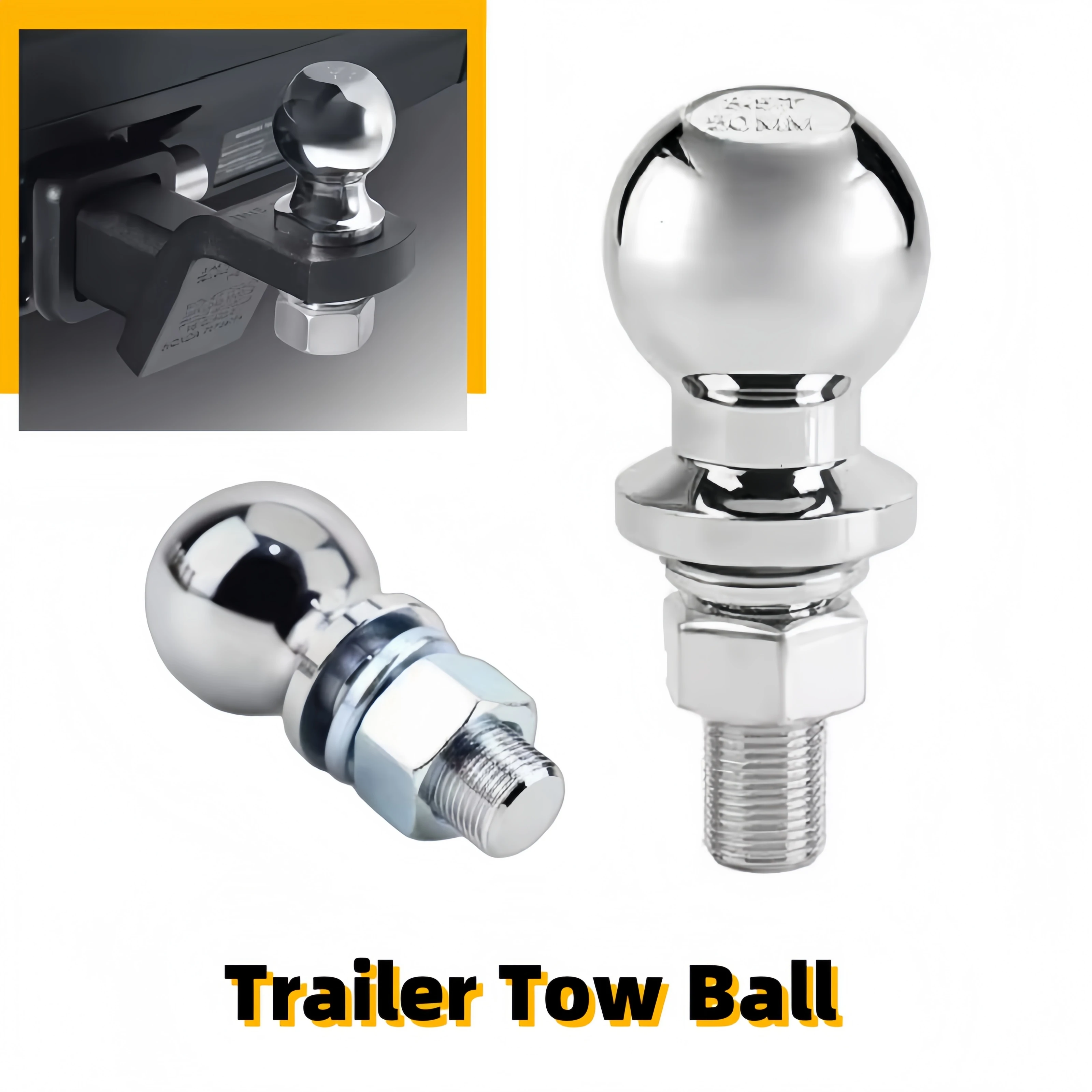High Quality 50mm Chrome Trailer Ball Head Coupling Shank M22 Thread for RV Caravan Boat Motorbike Off Road Vehicle Accessory