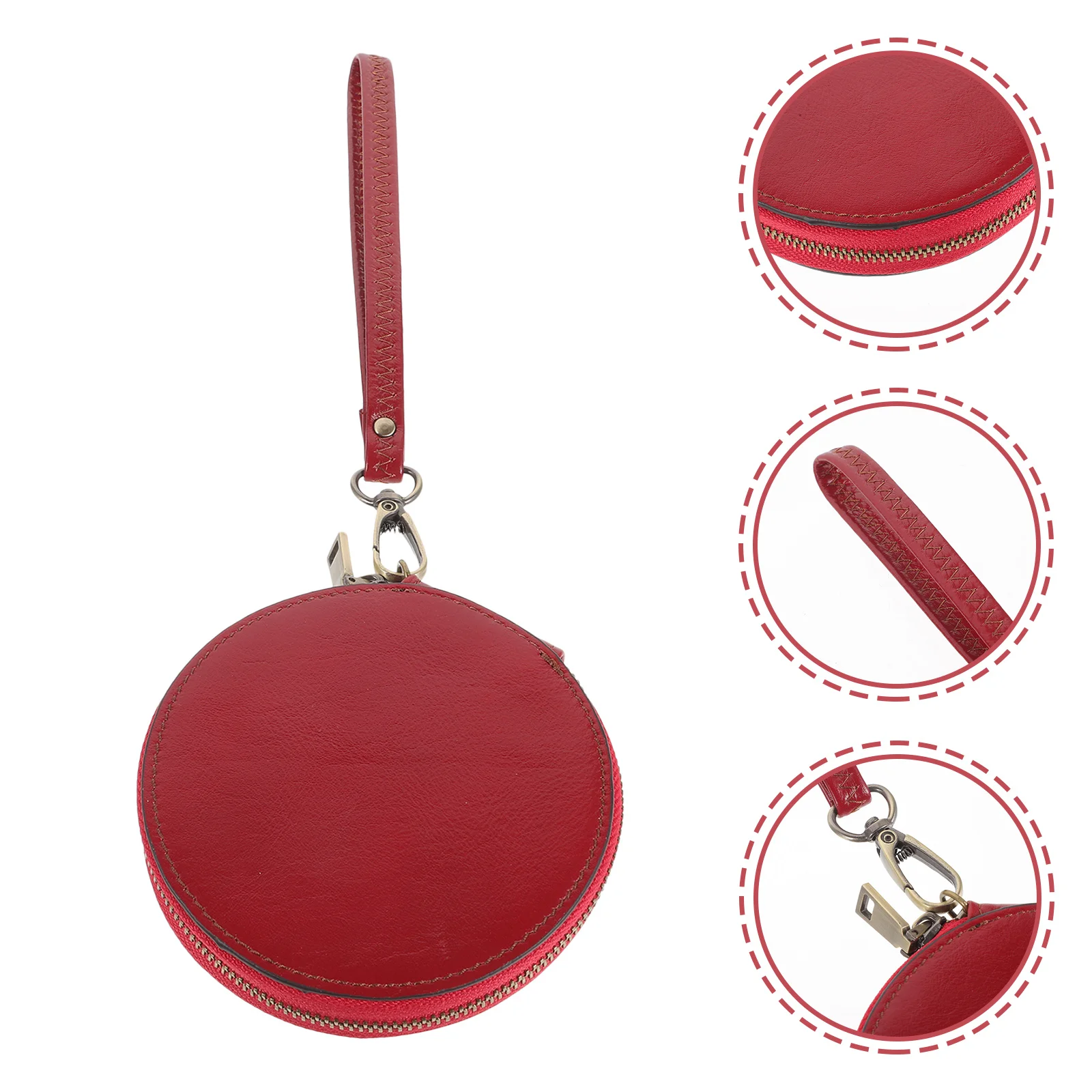 

Mini Genuine Cowhide Coin Purse Vintage Round Pouch for Women Small Wallet with Lanyard Gift for Her Dark Red