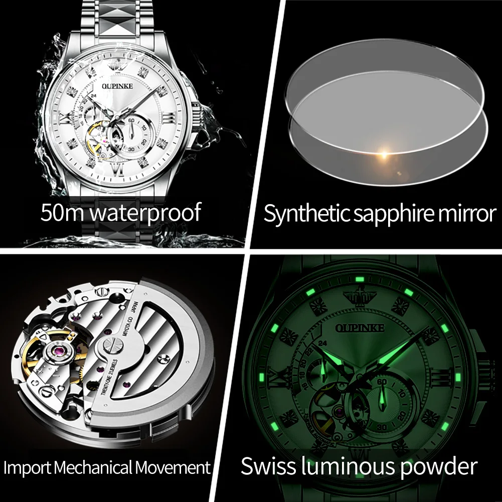 OUPINKE Men Automatic Watches Luxury Tungsten steel Skeleton Self-Winding Watches Sapphire Swiss Mechanical Movement Watch 3245