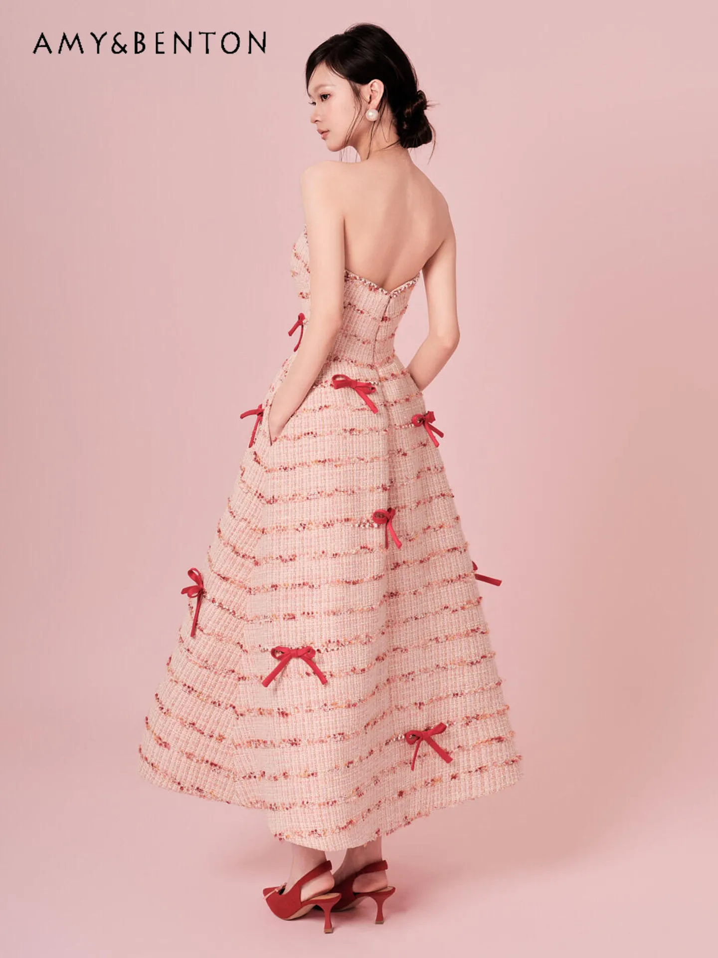 Roze strik toastjurk verlovingsbruiloft slim fit jurk verjaardagsfeestje gastheer coming-of-age ceremonie strapless jurk