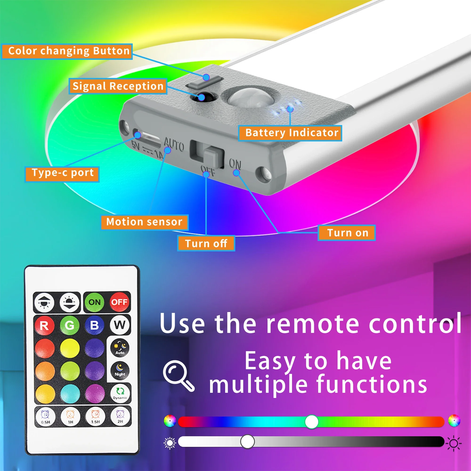 Smart Rechargeable Colored Lights, Remote Control Night Lights, Cabinet Lights, Sensor Lights, Home Atmosphere Lights, Suitable for Living Rooms, Entrance Halls, Bedrooms, Etc
