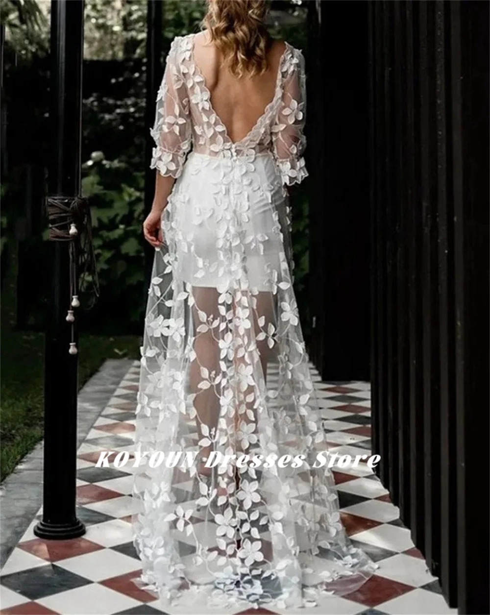 KOYOUN-vestido de novia de corte en A, prenda elegante con sobrefalda, cuello Barco, apliques, Mangas de tres cuartos, para fiesta nupcial, 2024