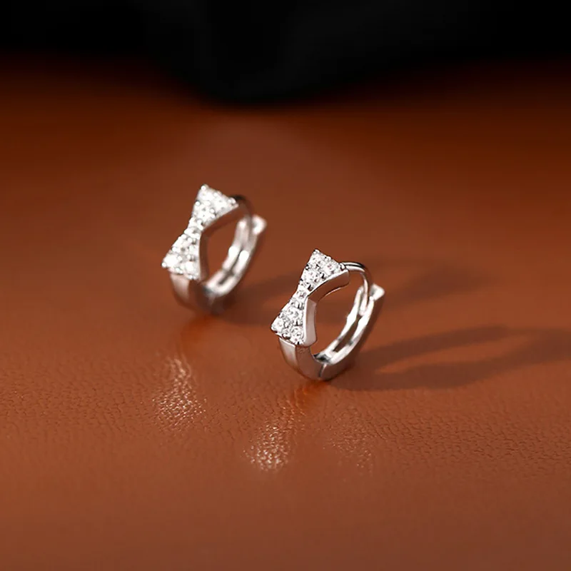 Cute Personality Sterling Silver Mini Bowknot Zircon Hoop Earrings for Women Girls Exquisite Jewelry Accessories Gifts Colorfast